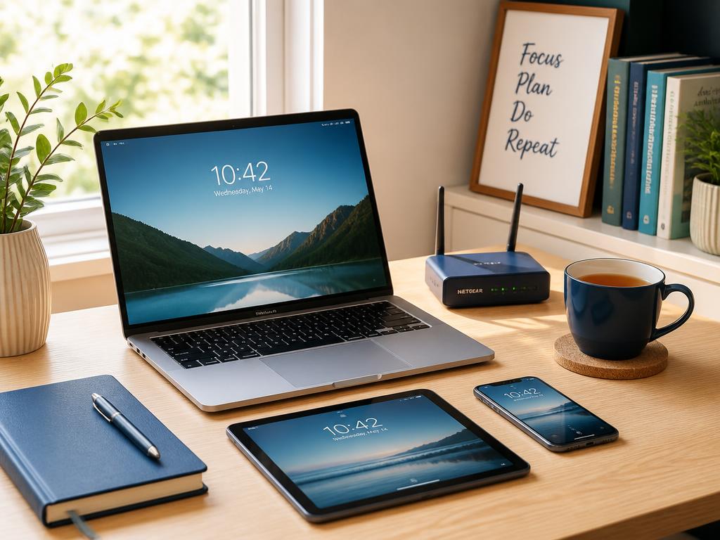 Laptop, tablet, telefoon en router op een tafel bij het raam